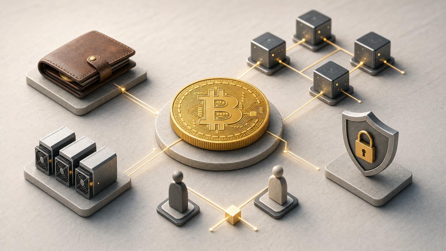 A beginner examining a Bitcoin wallet, transaction details, and blockchain confirmations on a laptop and smartphone